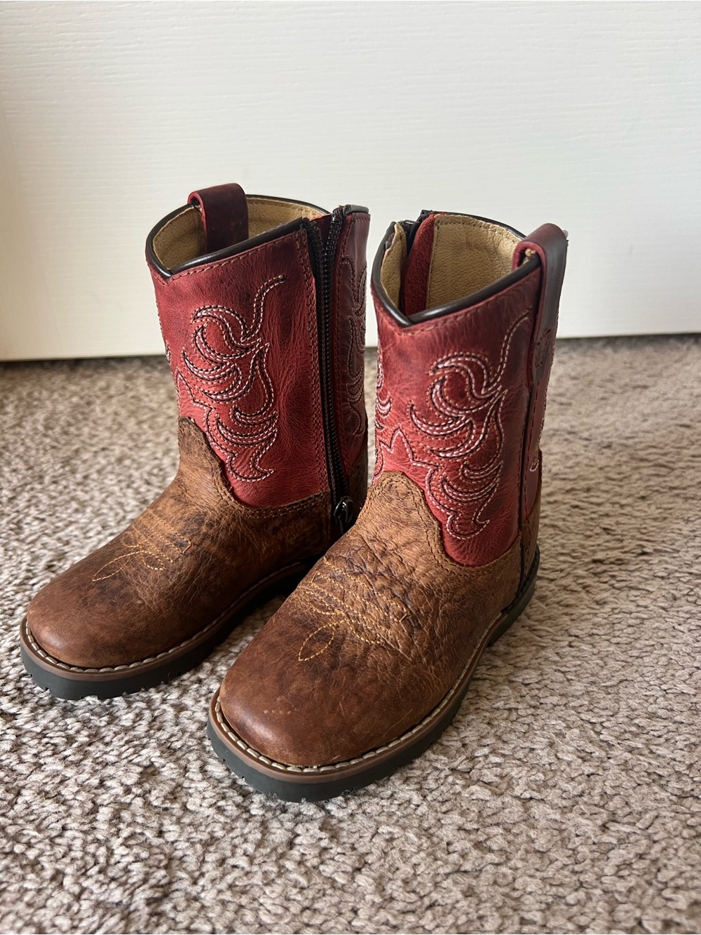 Kids Two-Tone Brown and Red Western Zip Boots